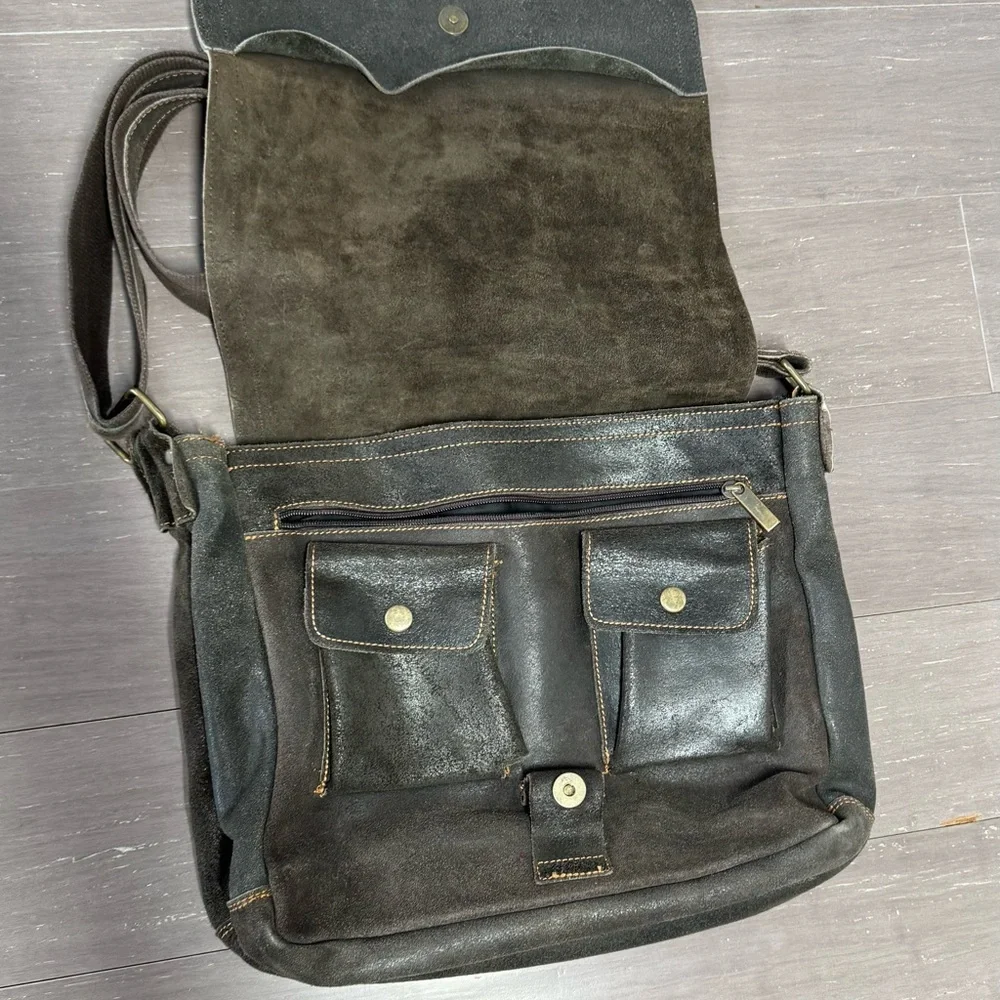 Vintage Brown Leather Rough Suede Messenger Bag Canvas /Leather Strap Men’s